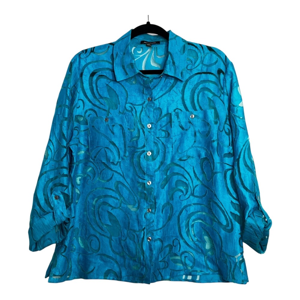 Notations Teal Blue Burnout Swirl Button Down Roll Tab Sleeve Shirt MLBW0163 M